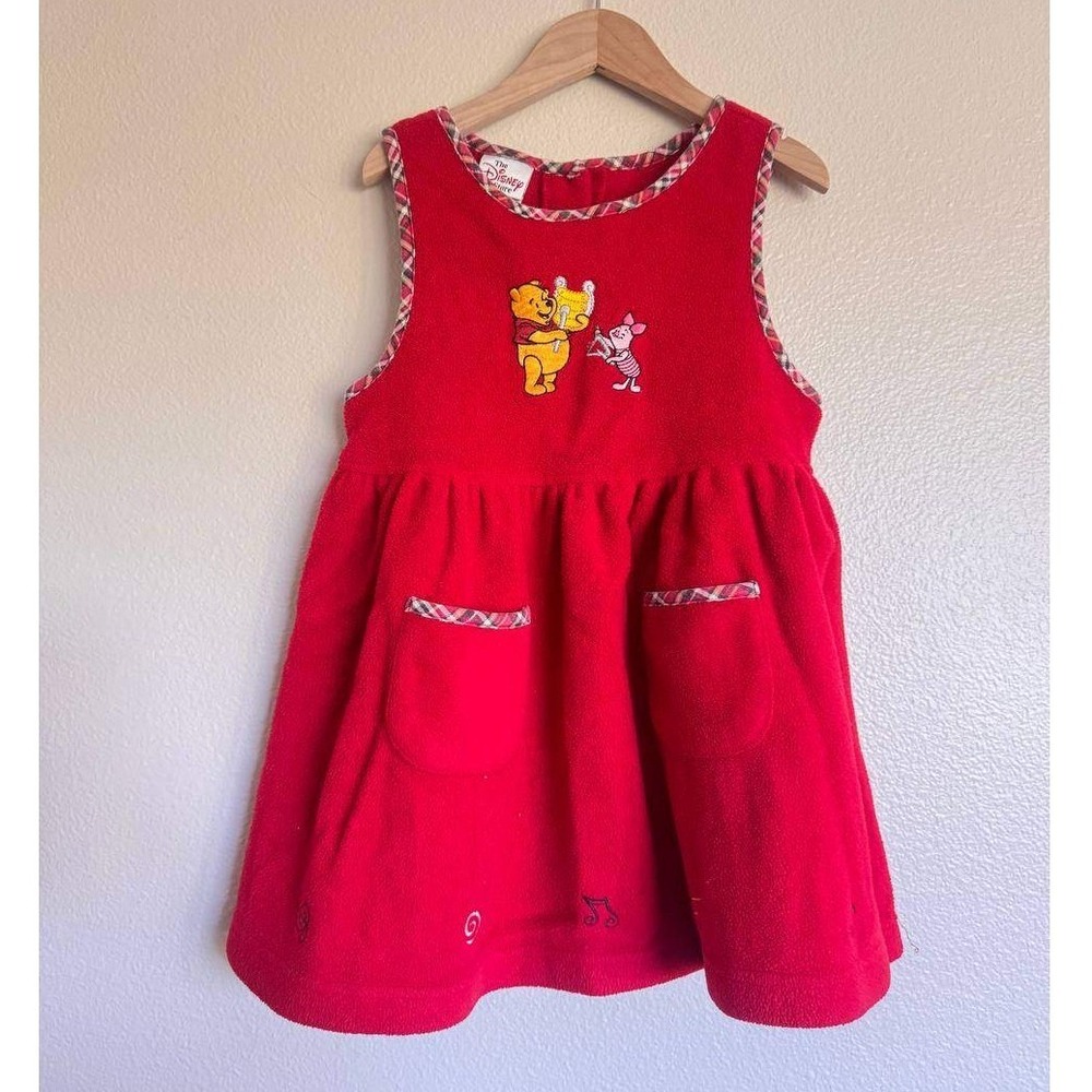 Vintage Disney Store Winnie the Pooh Fleece Dress 4 Red Plaid Heart Button Down